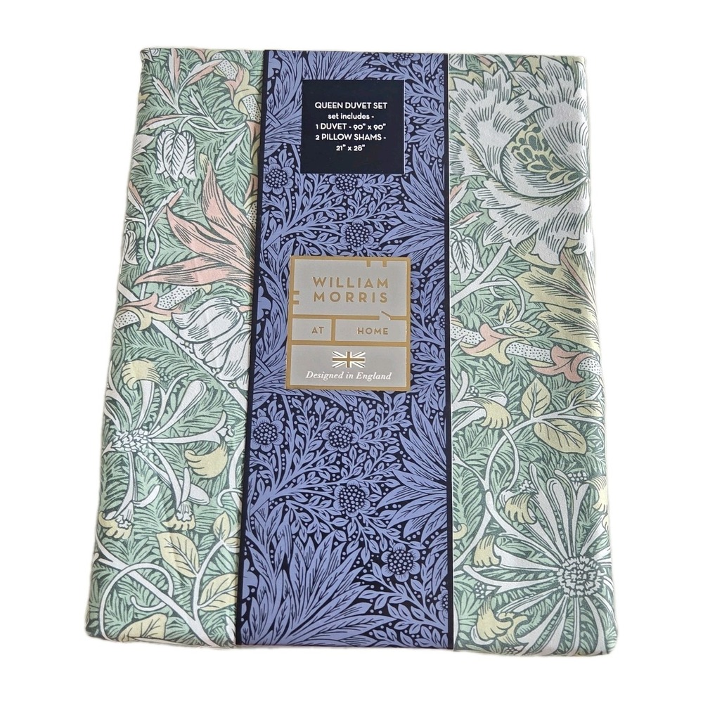 William Morris Queen Duvet Set 3pc Cotton Honeysuckle Tulip Sea Green Pattern